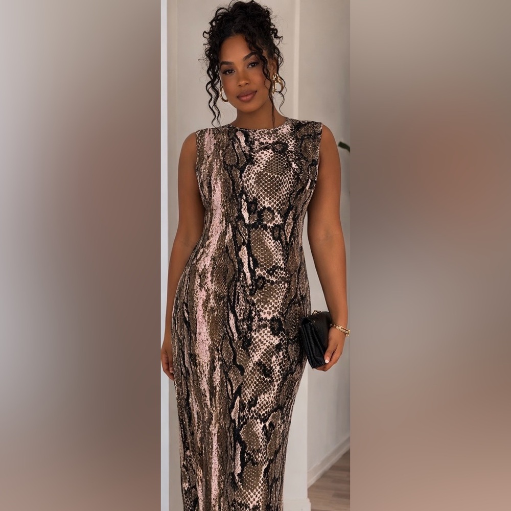 AKIRA Snake Print Midi Dress - Brown and Black